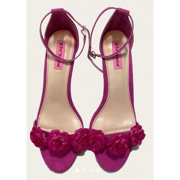 Betsey Johnson Shoes Evening Heels Sandals 9.5 Pink Strappy Roses Stilettos - Picture 1 of 12